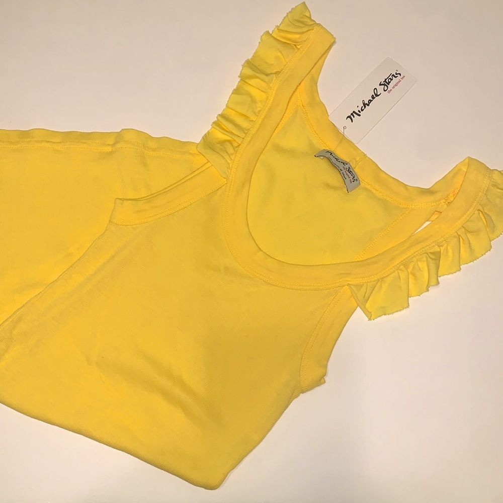 Vintage Michael Stars Scoop Neck Tank Top Fitted Ruffle Ribbed Supima Yellow S